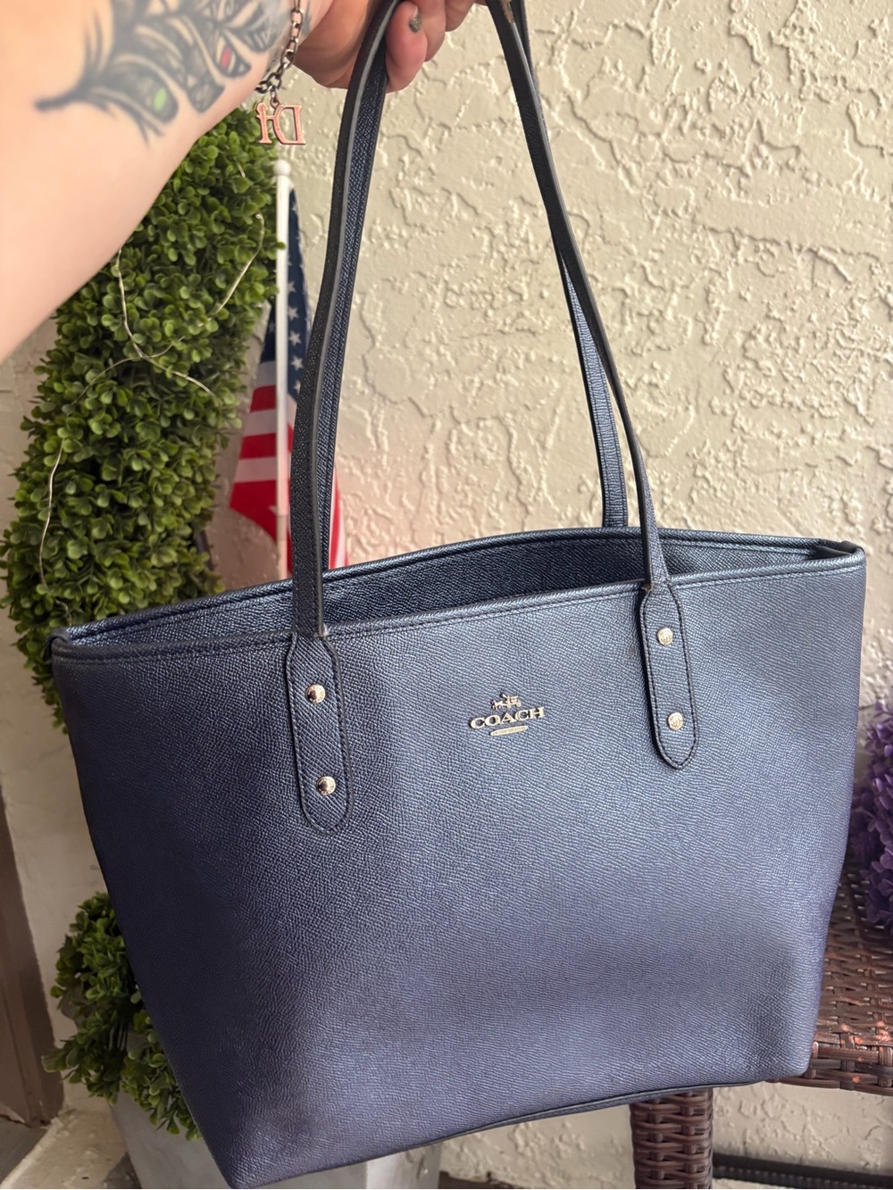 Coach navy blue/denim/metallic Leather Tote with silver logo Accent